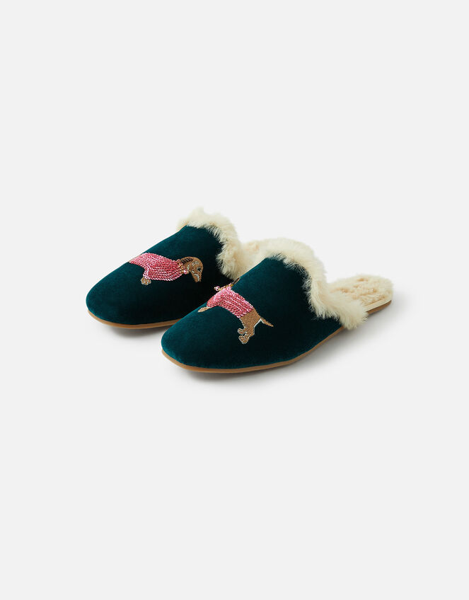 Embroidered Sausage Dog Velvet Slippers, Multi (DARKS-MULTI), large