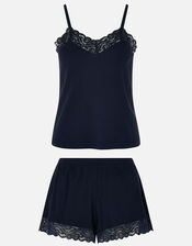Lace Trim Rib Vest and Shorts Set, Blue (NAVY), large