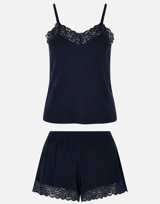 Lace Trim Rib Vest and Shorts Set, Blue (NAVY), large