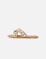 Cowrie Shell Beaded Cross-Over Sandals, Natural (NATURAL), large