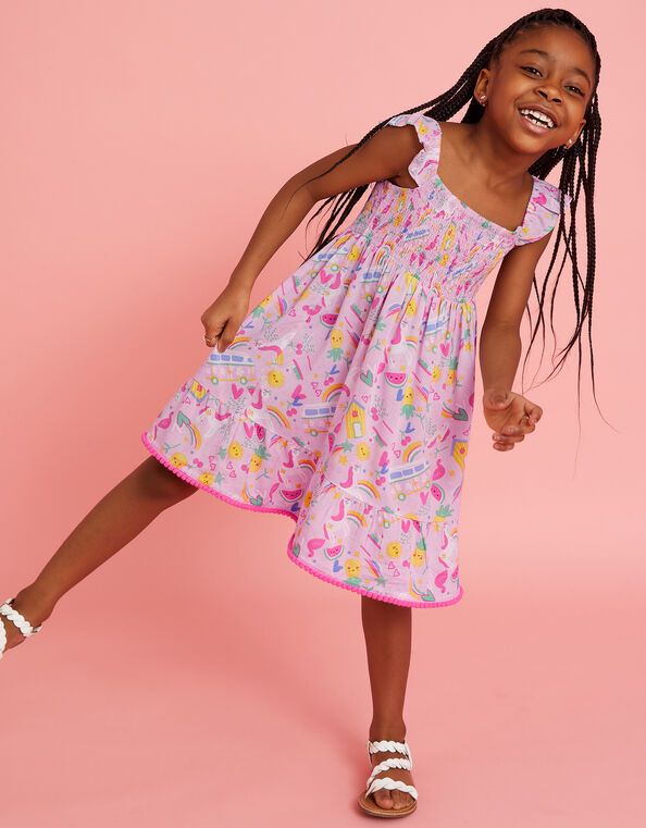 Girls Sunbeam Print Shirred Dress, Pink (PINK), large