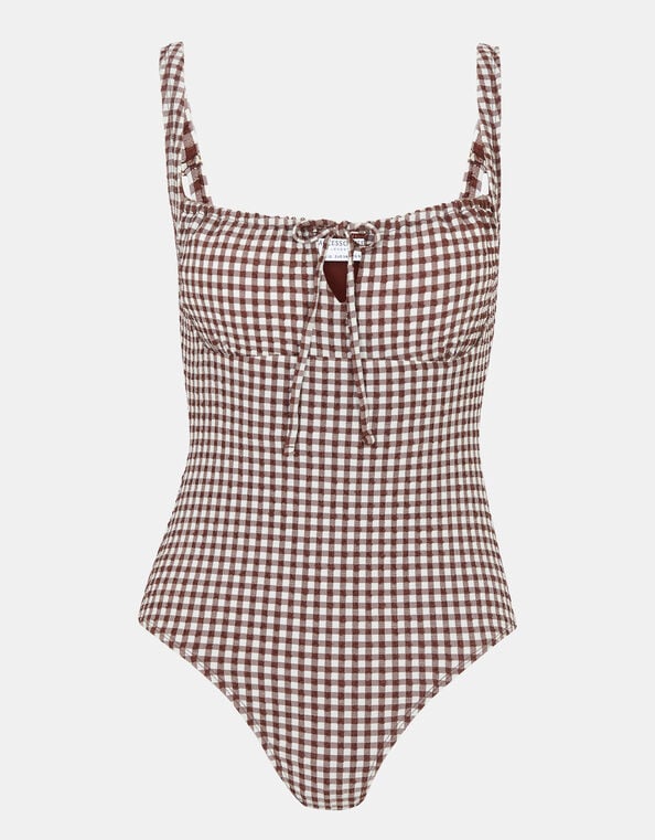 Gingham Seersucker Tie Front Swimsuit, Brown (BROWN), large