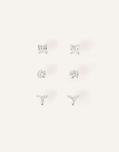 Sterling Silver Crystal Studs Set of Three, , large