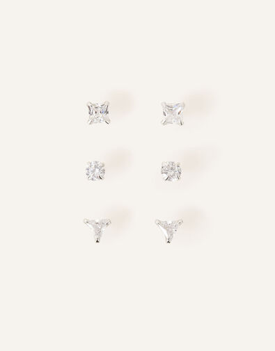 Sterling Silver Crystal Studs Set of Three, , large