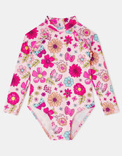 Girl Retro Bloom Long Sleeve Swimsuit, Multi (BRIGHTS MULTI), large