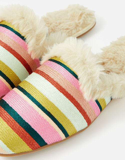 Stripe Embroidered Faux Fur Slippers , Multi (BRIGHTS-MULTI), large