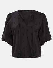 Puff Sleeve Cotton Blouse, Black (BLACK), large