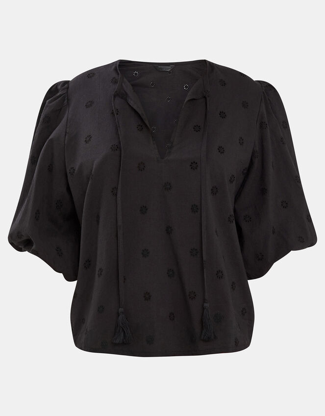 Puff Sleeve Cotton Blouse, Black (BLACK), large