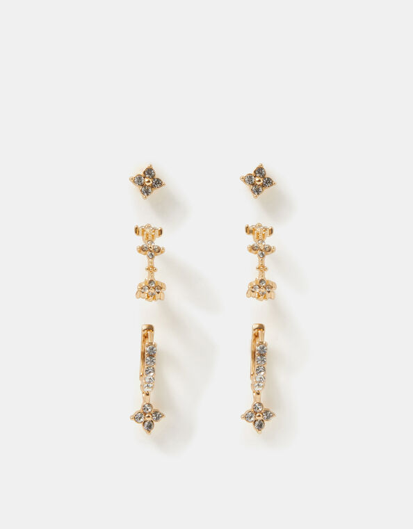 3-Pack Floral Stud & Hoop Earrings, Gold (GOLD), large