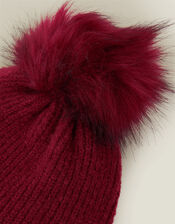Faux Fur Pom Rib Beanie Hat, Red (BURGUNDY), large