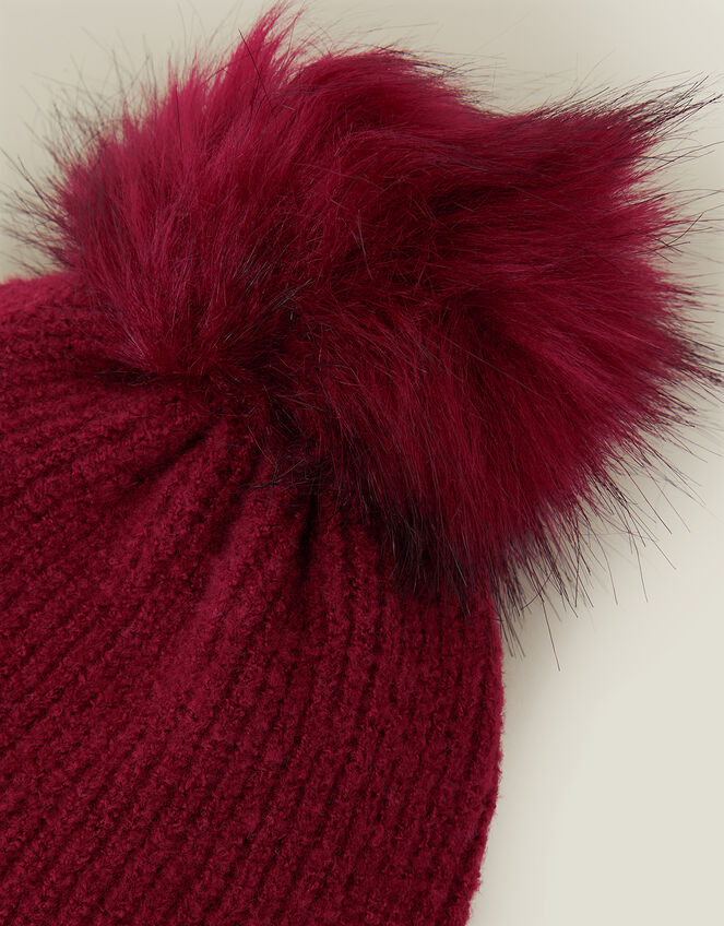 Faux Fur Pom Rib Beanie Hat, Red (BURGUNDY), large