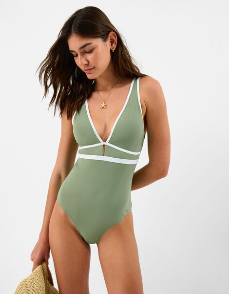 UPF50+ Contrast Plunge Shaping Swimsuit, Green (KHAKI), large