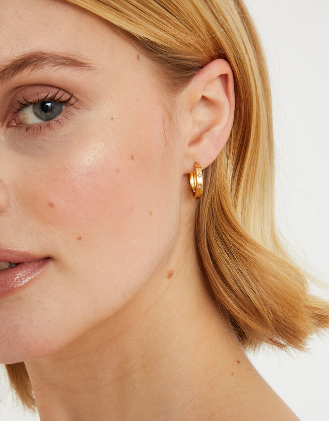 14ct Gold-Plated Chunky Star Etched Hoop Earrings, , large