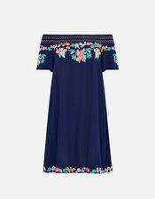 Embroidered Bardot Dress, Blue (NAVY), large