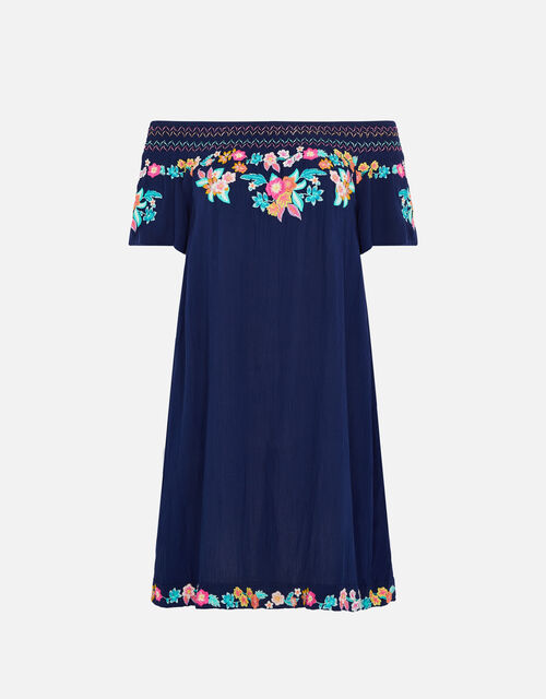 Embroidered Bardot Dress, Blue (NAVY), large