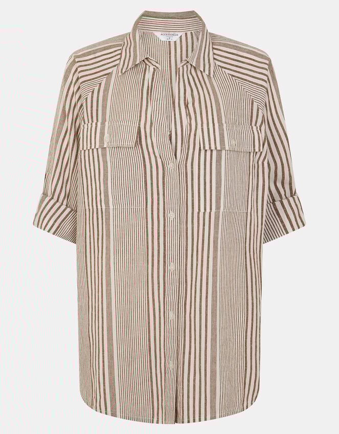Stripe Beach Cover Up Shirt, Brown (BROWN), large