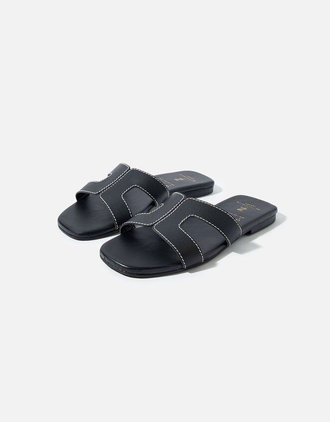 Contrast Stitch Leather Sandals , Black (BLACK), large