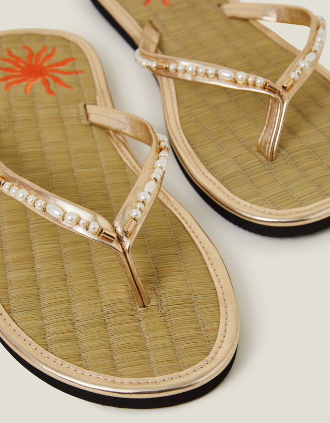 Sun Embroidered Seagrass Flip Flops, Gold (GOLD), large