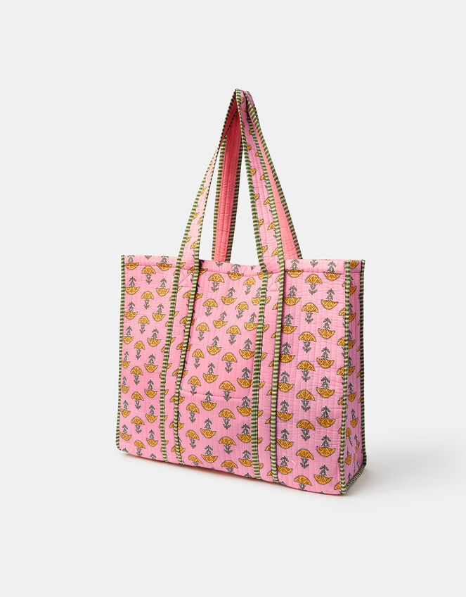 Floral Block Print Quilted Tote Bag, , large
