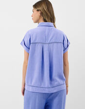 Lace Trim Linen Blend Shirt , Blue (LIGHT BLUE), large