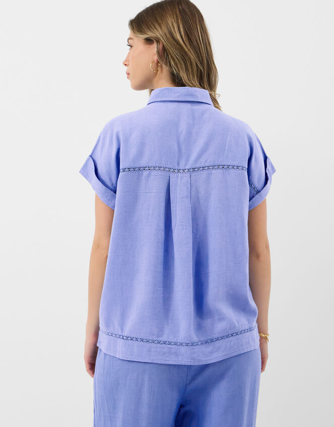 Lace Trim Linen Blend Shirt , Blue (LIGHT BLUE), large