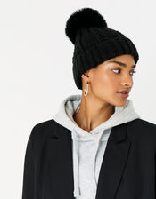 Chunky Knit Pom-Pom Beanie, Black (BLACK), large