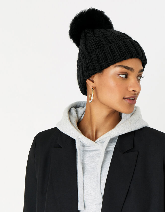 Chunky Knit Pom-Pom Beanie, Black (BLACK), large