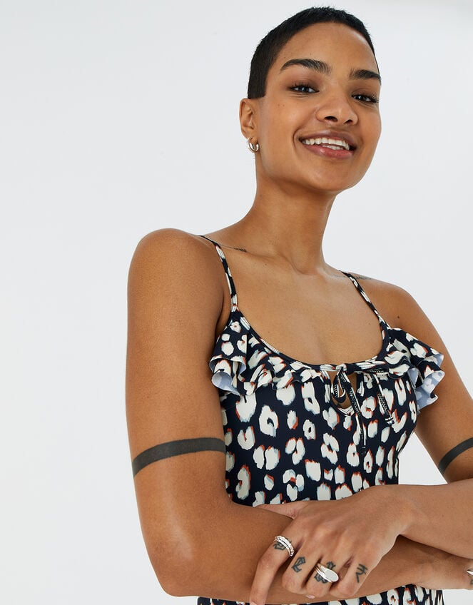 Animal Print Frill Swimsuit, Black (BLACK WHITE), large