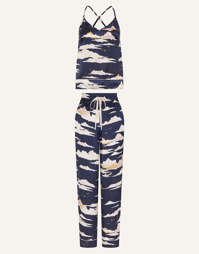 Vacation Print Satin Pyjama Set, Blue (NAVY), large