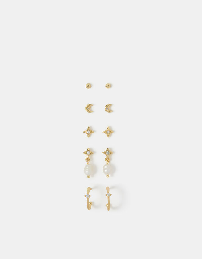 5-Pack 14ct Gold-Plated Pearl Stud & Hoop Earrings, , large