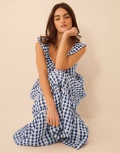 Gingham Print Ruffle Midi Dress, Blue (NAVY), large