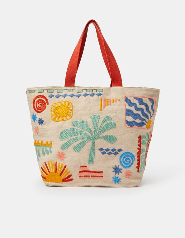 Palm Embroidered Beach Tote Bag, , large