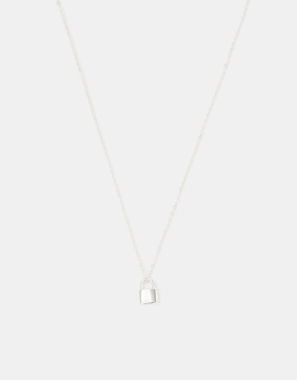Sterling Silver Lock Pendant Necklace, , large