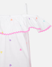 Kids Heart Embroidered Bardot Dress , White (WHITE), large