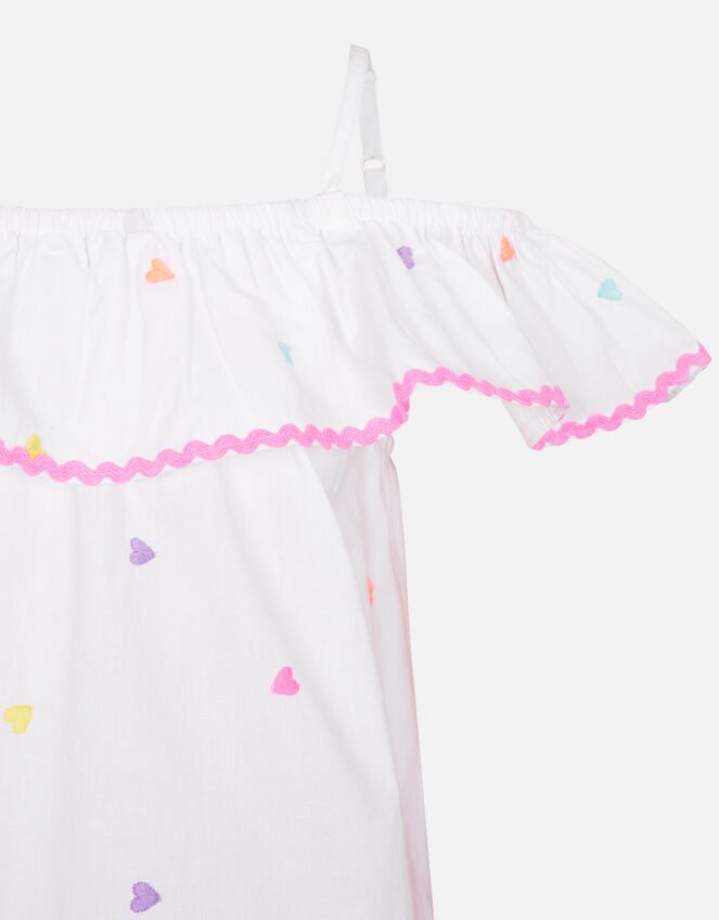 Kids Heart Embroidered Bardot Dress , White (WHITE), large