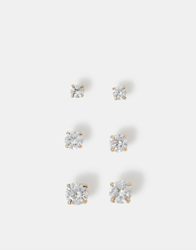 3-Pack 14ct Gold-Plated Crystal Stud Earrings, , large