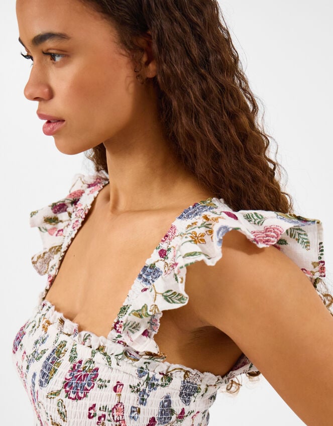 Floral Print Tiered Maxi Dress, Ivory (IVORY), large