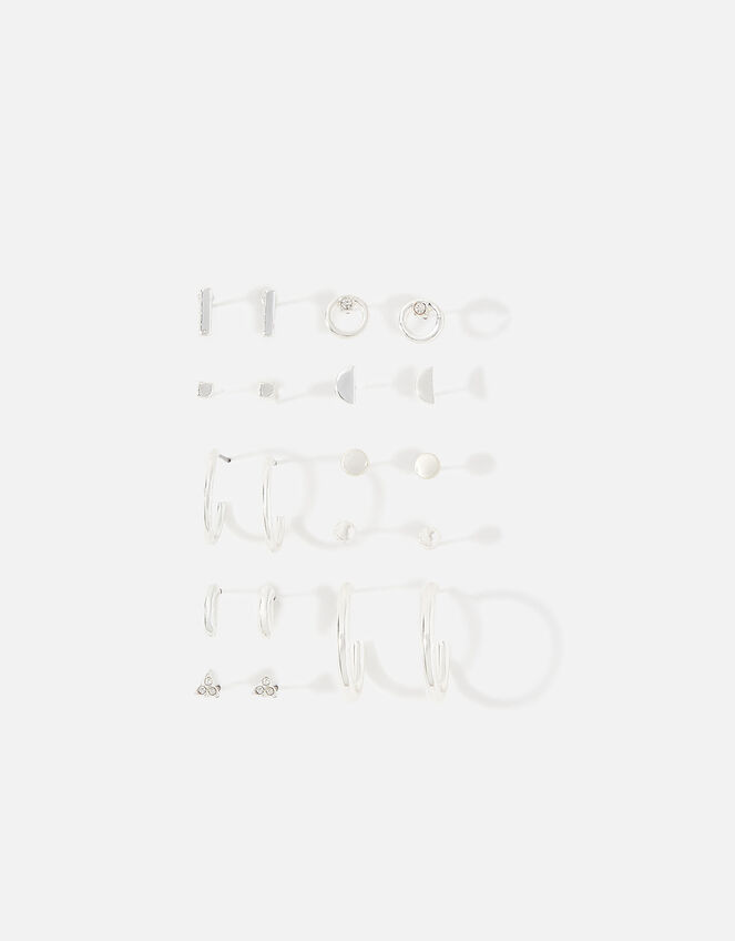 Mixed Stud and Hoop Earring 10 Pack, Silver (SILVER), large