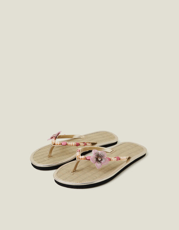 Flower Beaded Seagrass Flip Flops, Gold (GOLD), large
