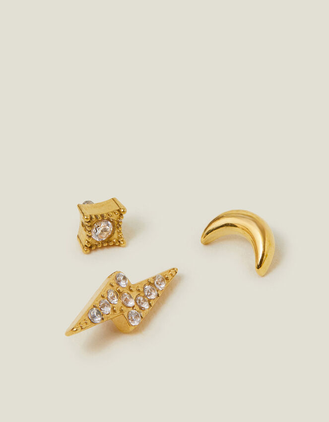 3-Pack 14ct Gold-Plated Celestial Flatback Stud Earrings, , large