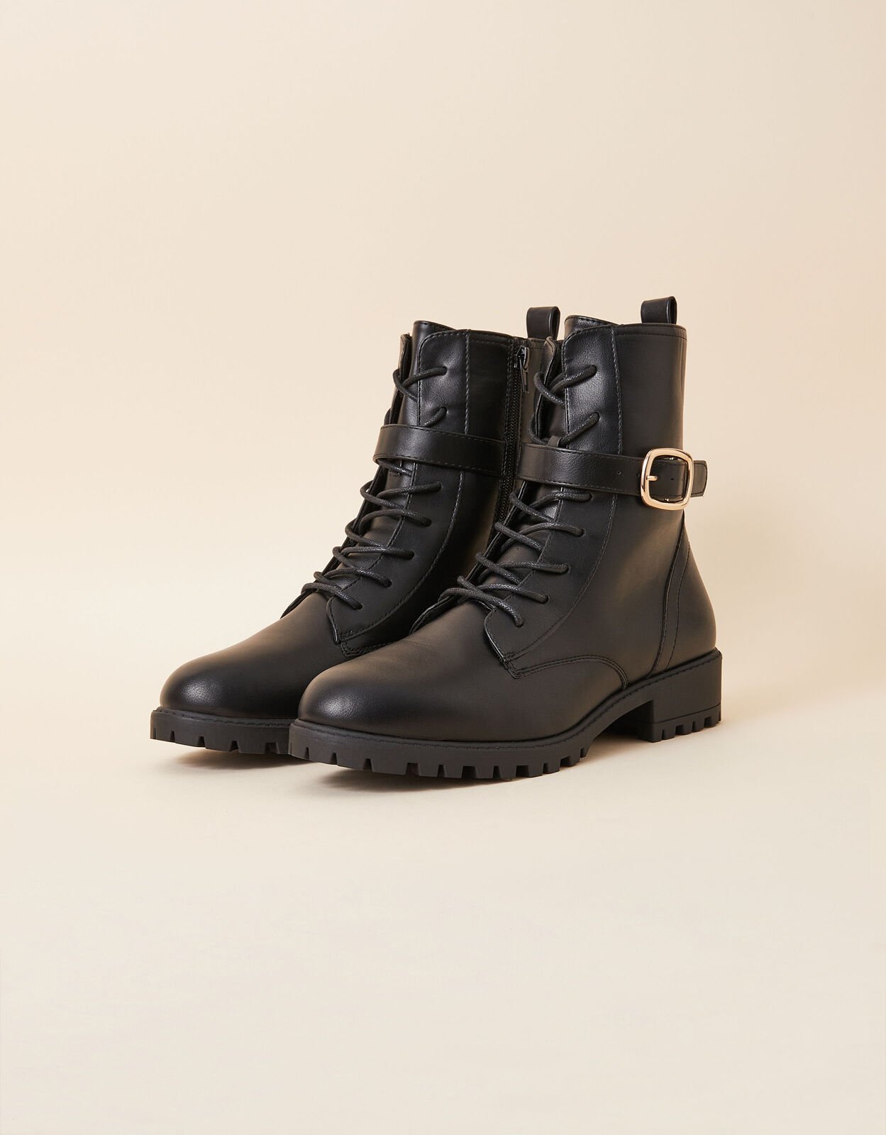 Lace Up Buckle Detail Boots Black