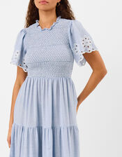 Smocked Cutwork Midi Dress, Blue (LIGHT BLUE), large