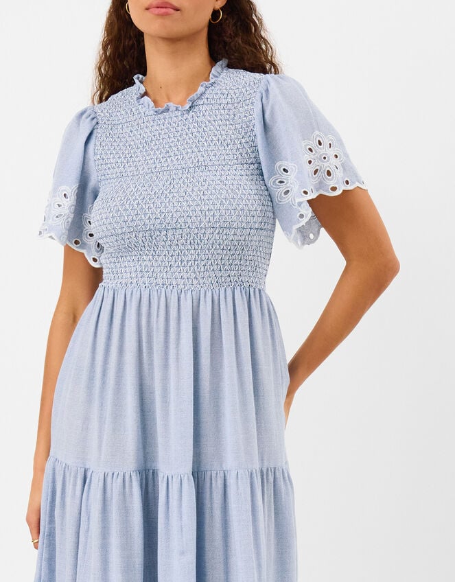 Smocked Cutwork Midi Dress, Blue (LIGHT BLUE), large