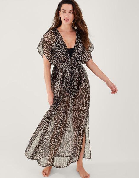 Leopard Print Chiffon Maxi Kaftan in Recycled Polyester, Brown (BROWN), large