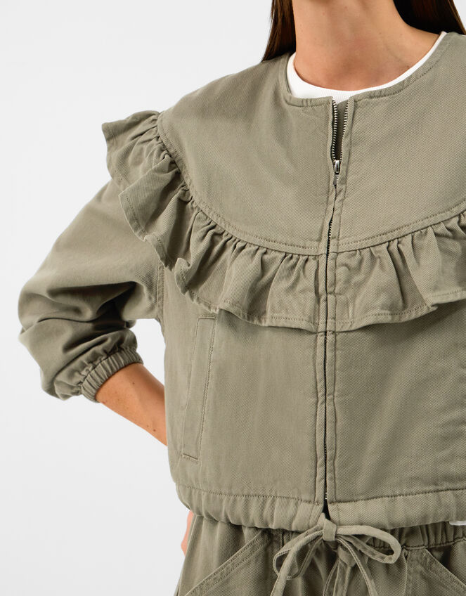 Ruffle Denim Jacket, Green (KHAKI), large