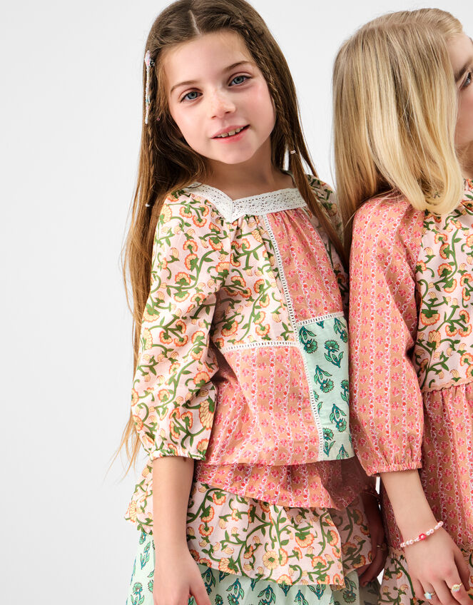 Girls Floral Patchwork Top, Pink (PINK), large