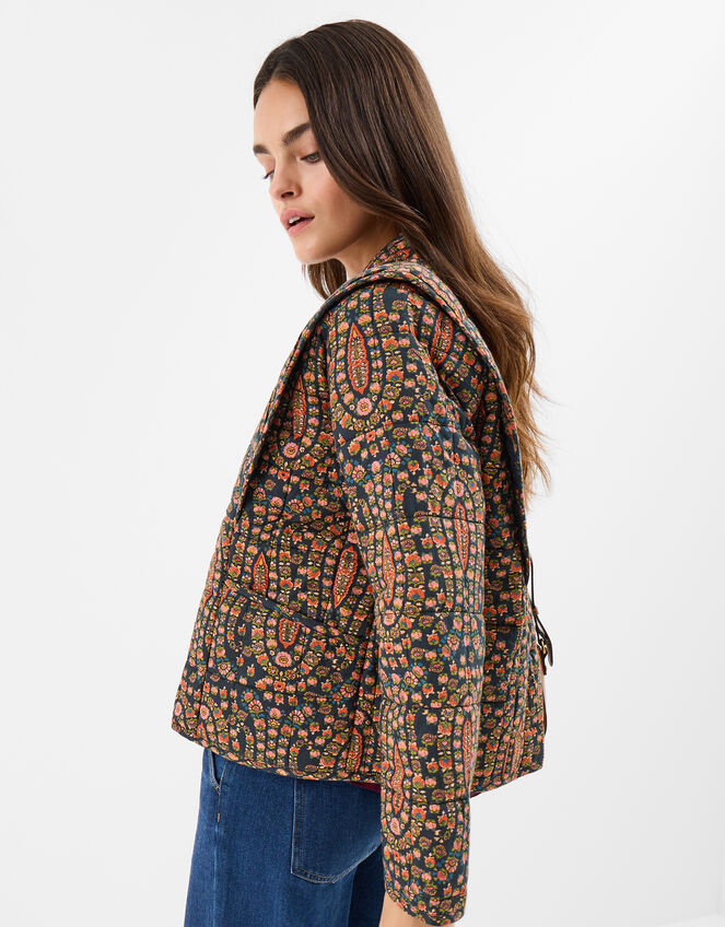 Floral Paisley Print Quilted Jacket, Black (BLACK), large