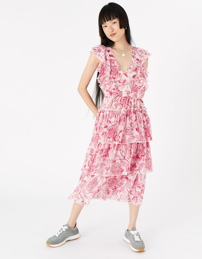 Floral Ruffle Midi Dress , Red (RED), large