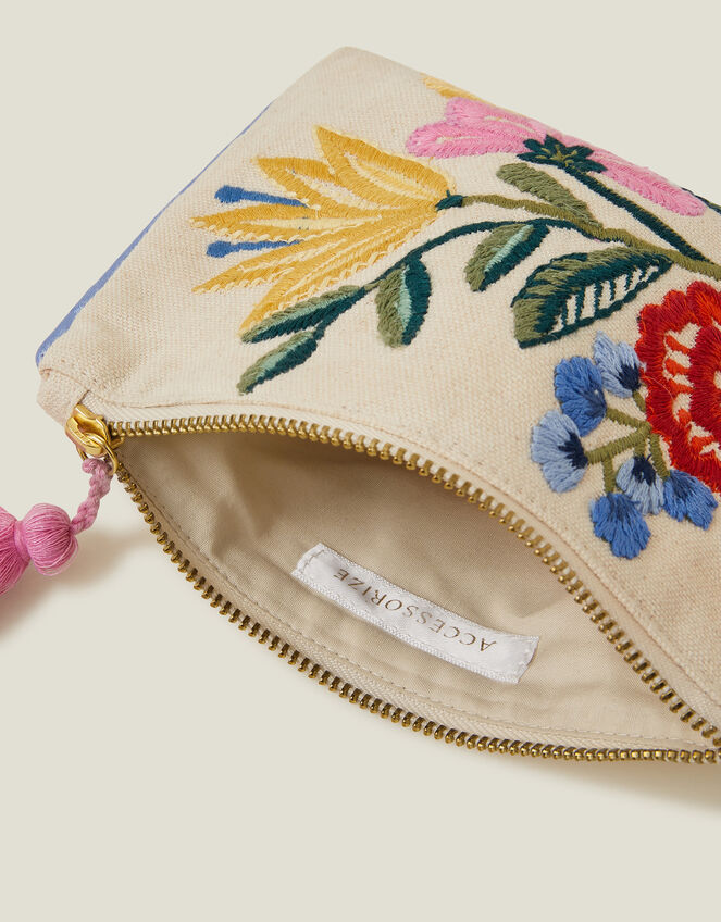 Floral Embroidered Cotton Coin Purse, , large