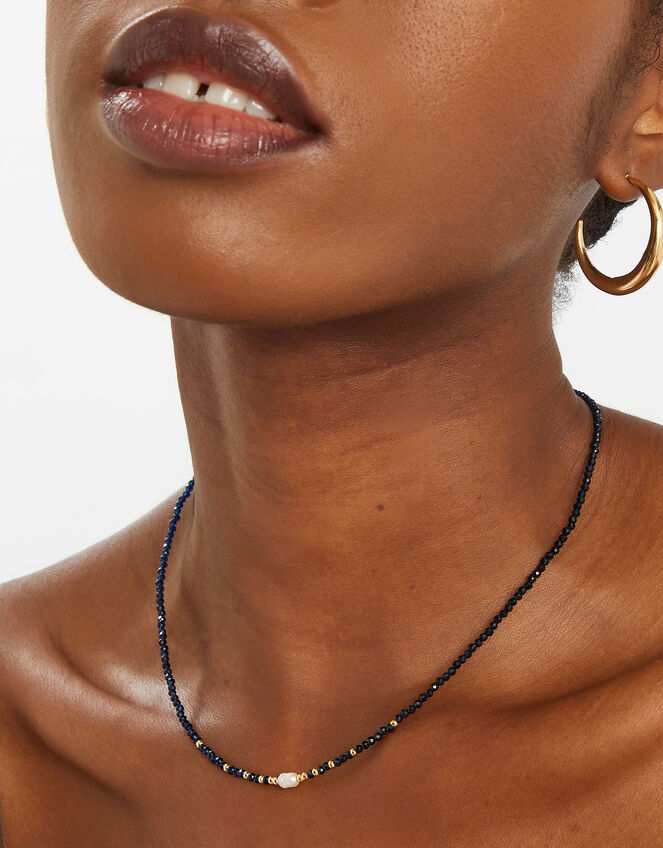 14ct Gold-Plated Pearl Beaded Necklace, Blue (BLUE), large